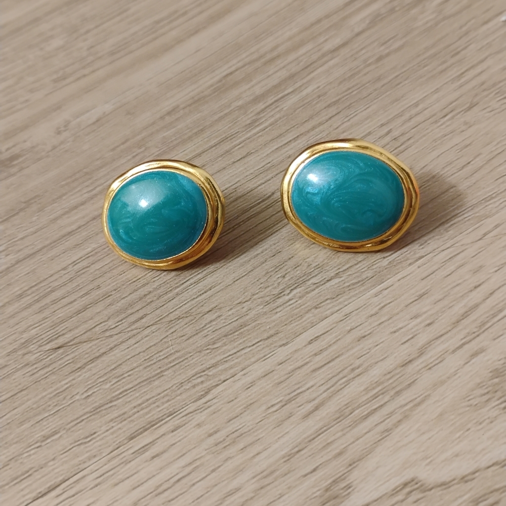 1980s Trifari TM Gold and Teal Earrings
